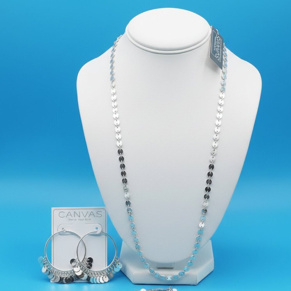 NWT Canvas Style Silver Necklace Earrings Set Disc Design Stylish Jewelry